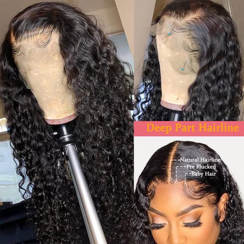 SuCoo 20 Inch Deep Wave Lace Front Wigs Human Hair Pre Plucked with Baby Hair Brazilian Curly Virgin Human Hair Glueless 13x4 HD Transparent Lace Frontal Wigs for Women 150 Density