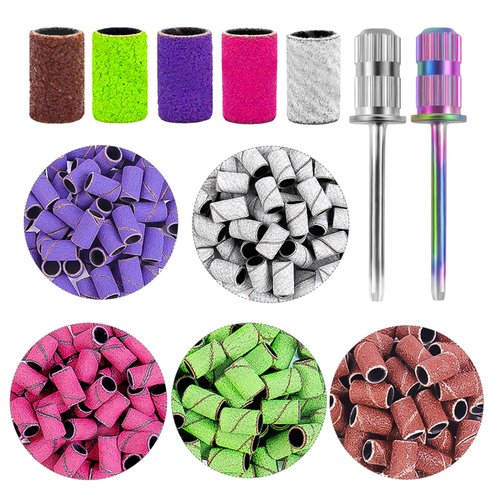 BELICOO Sanding Bands for Nail Drill 300 Pcs 5 Color Coarse Fine 80#120#150#180#240# Grits Professional Nail Sanding Bands with 2Pcs Nail Drill Bits for Acrylic Nails Manicures and Pedicure