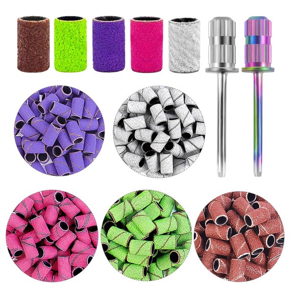 BELICOO Sanding Bands for Nail Drill 300 Pcs 5 Color Coarse Fine 80#120#150#180#240# Grits Professional Nail Sanding Bands with 2Pcs Nail Drill Bits for Acrylic Nails Manicures and Pedicure