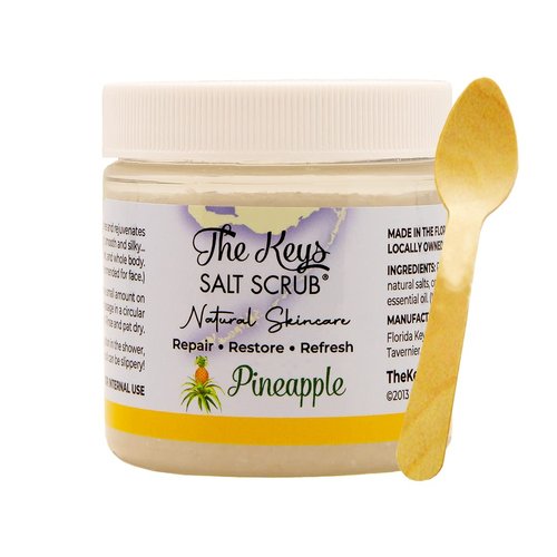 The Keys Salt Scrub Premium Exfoliating Sea Salt Body Skin Scrubs - Made with Pure Florida Sea Salt Organic Essential Oils & Nutrients + Wooden Spoon (Plantation Pineapple, Travel Size 3.4 oz)