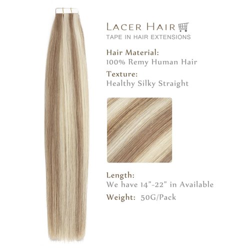 Lacer Hair Tape in Extensions Real Human Hair Double Side 20 Inch Color P#6/60A Piano Medium Brown Mixed with Platinum Blonde Seamless Remy Tape in Hair Extensions 50g Per Package 20 Pieces