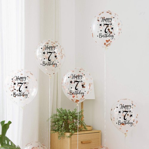 Rose Gold 7th Confetti Latex Balloons, Girls Happy 7 Years Birthday Party Balloon Decoration With Confetti, 12in, 16 Pack