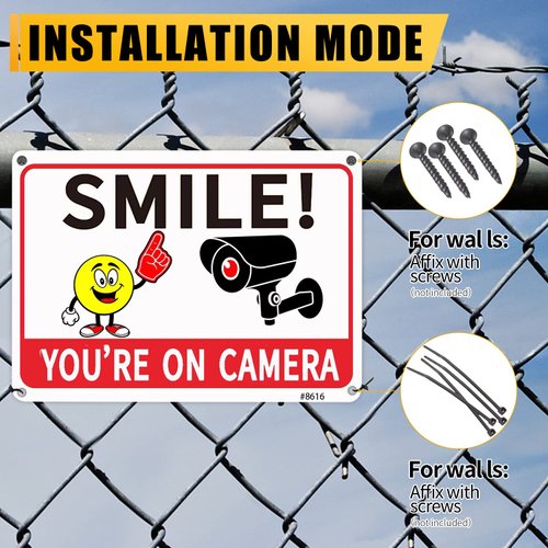 4-Pack 10x7-inch Aluminum UV-Printed Camera Surveillance Signs - Smile Reminder: "You're On Camera!" - High Visibility Safety Warning Plaque for Home & Business Use
