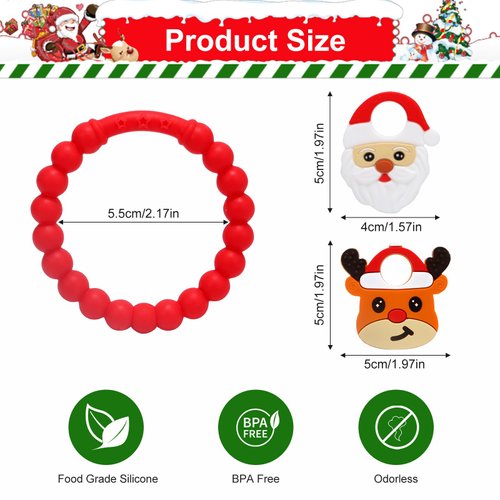 Christmas Baby Teething Ring Toys – Santa Claus & Reindeer Teethers for Newborns, Infants & Toddlers – Sensory Chew Bracelet for Teething Relief – Perfect Baby’s First Christmas Basket Stuffers