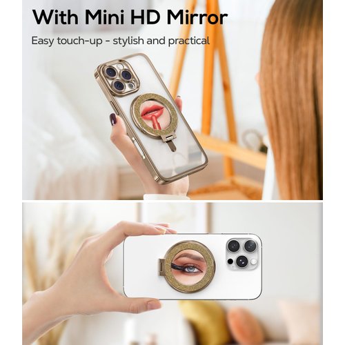 Magnetic Phone Stand Holder Built-in Mirror for Magsafe Case, [Electroplated & Glitter], Phone Grip Stand Ring Kickstand for iPhone 16 Pro Max/15/14/13/12 Series for Girl Women, Desert Titanium