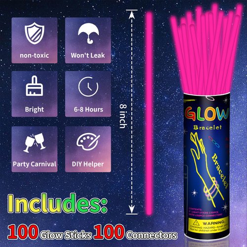 Taikula 100 Pack 8” Pink Glow Sticks Bracelet Bulk Glow Sticks with 100 Connectors Neon Glow In The Dark Party Supplies for Christmas Holiday Decoration Party Carnival (Pink)