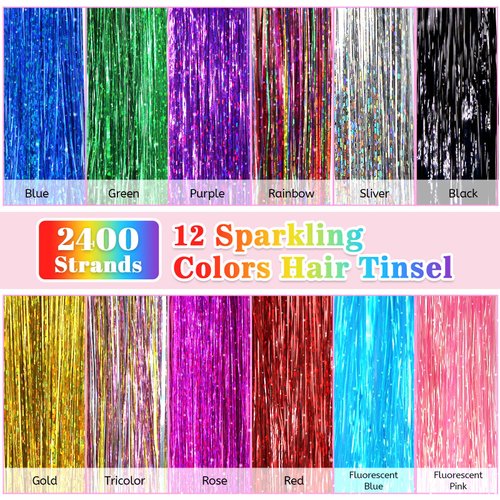 Fairy Hair Tinsel Kit with Tools 12 Colors 2400 Strands 48 Inch Glitter Tinsel Hair Extensions Heat Resistant