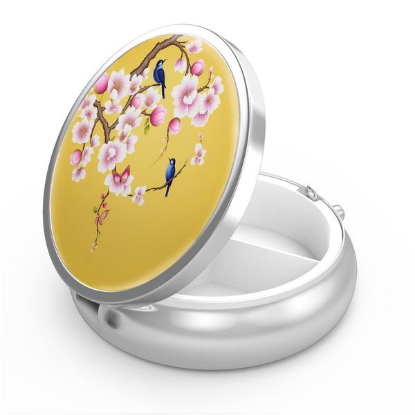 Pill Box 3 Compartment Medicine Pill Case,Portable Pill Box for Pocket or Purse Pill Box Decorative Metal Medicine Vitamin Organizer Unique Gift(Peach Blossom)