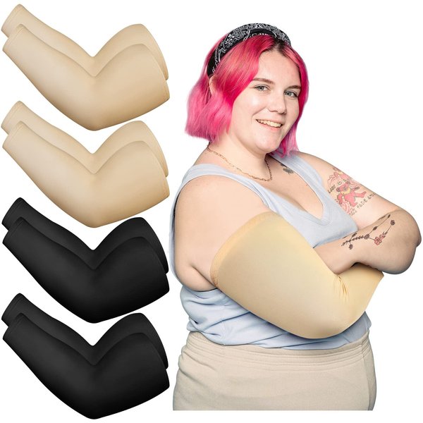 8 Pieces Plus Size Full Arm Sleeves UV Sun Tattoo Arm Sleeve Cooling Arm Compression Covers Tattoo Cover Up for Women Men (Black, Beige)