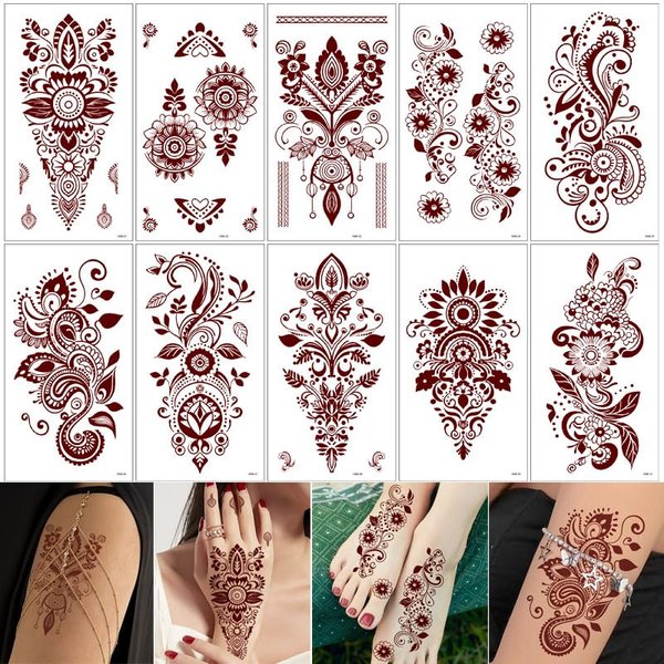 Generic 10 Sheets Mandala Temporary Tattoo Stickers, Mystery Flower Waterproof Lace Pattern Tattoos for Women Girls DIY Body Art Face Arms Legs (Brown)