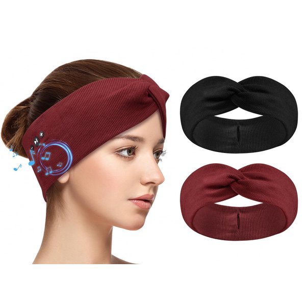 BULYPAZY 2-Pack Headband Headphones with Thin HD Speakers, Bluetooth Headband for Women, Stylish Knotted Headband, Comfortable Headband for Workout, Running, Yoga, Travel, Meditation - Red&Black