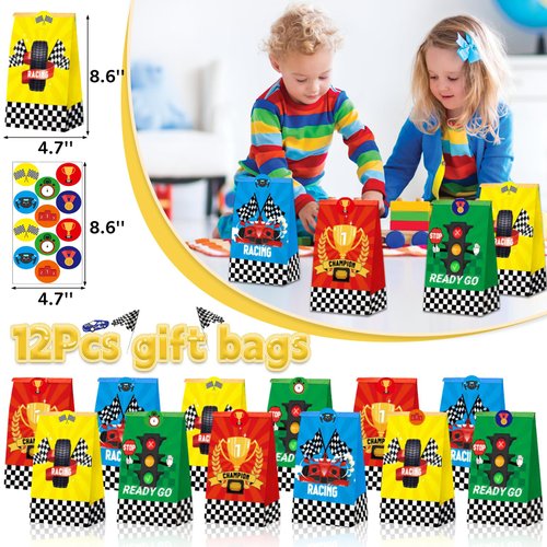 96Pcs Race Car Party Favors, Race Car Birthday Party Supplies Include Mini Race Cars Bubble Wands Straw Slap Bracelet DIY Stickers Tattoo Stickers Car Bags for Kids Race Car Themed Decorations