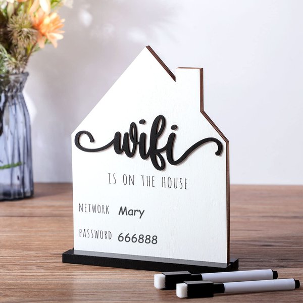 WiFi Pattern Password Sign for Home Wooden Table WiFi Pattern Sign Wooden with Board Erasable Pen Chalkboard Table Centerpieces Decoration for Home Business and Guests (White)
