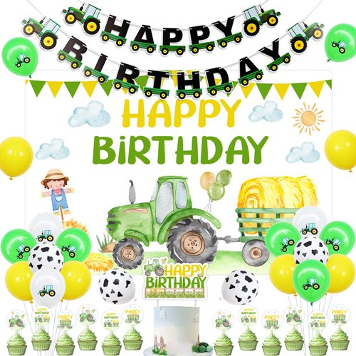 Sursurprise Tractor Birthday Decorations for Boy, Tractor Birthday Backdrop Banner Cake Topper Balloon for Farm Tractor Birthday Party Supplies