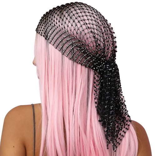 Rhinestone Head Scarf Rhinestone Mesh Headband Black Glitter Wide Hairbands Crystal Nightclub Headscarfs Stretchy Black Headwrap Rave Party Head Wraps Rave Costume Hair Accessories for Women Girls