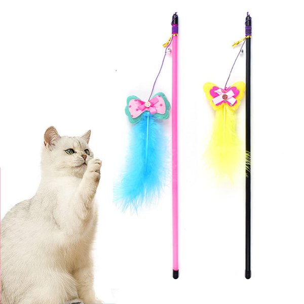 Cat Wand Toy 2 PCS Interactive Cat Feather Wands Cat Teaser Wand with Butterfly and Bell for Cat Kitten