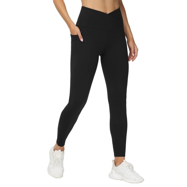 THE GYM PEOPLE Women's V Cross Waist Workout Leggings Tummy Control Running Yoga Pants with Pockets(Black, Medium)