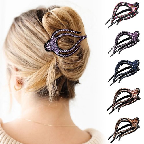 5PCS Rhinestone French Hair Clips for Women Thick Hair No Slip Curved Claw Clips Strong Hold Flat Hair Clip (Curved(Medium,3.74"))