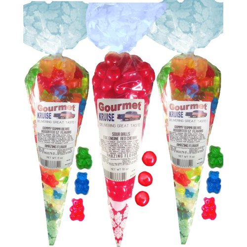 Gummy Bears (2) Assorted 12 Flavor Mix (1) Sour Cherry Balls Fire Engine Red (NET WT 32 OZ) Gourmet Kruise Signature Gift Bags Gummi And Chewy Candy