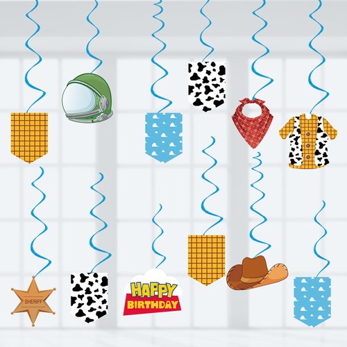 Cartoon Story Party Decorations Kids Birthday Hanging Swirls, Assembled and Ready to Use, Blue Sky White Clouds Game Hanging Swirl Boys Party Streamers 24pcs Cowboys Themed Party Decor Supplies