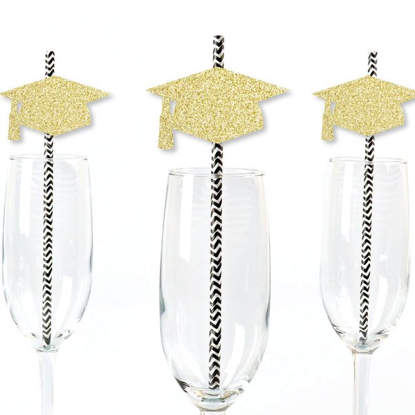 Gold Glitter Grad Cap Party Straws - No-Mess Real Gold Glitter Cut-Outs & Decorative Graduation Party Paper Straws - Set of 24