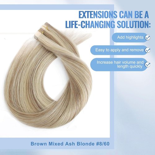Sixstarhair Tape In Hair Extensions Natural Remy Human Hair with Beautiful Color, Light Chestnut Brown Mixed with Platinum Blonde Silky Straight Real Human Hair [Color P8-60#-20 inch]