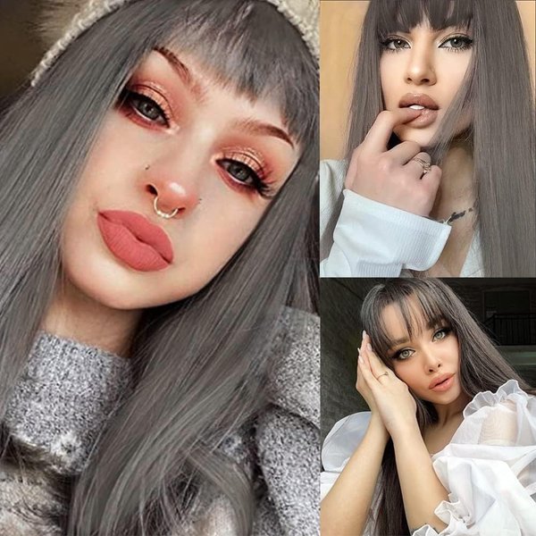 Kaneles Grey Long Wig With Bangs Straight Gray Wig Synthetic Natural Heat Resistant Fiber Hair Daily Cosplay Wig for Women Hair Wig