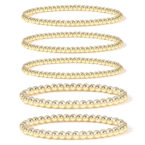 Badu Gold Bead Bracelet for Women 14K Gold Plated Bead Ball Bracelet Stretchable Elastic Hypoallergenic Bohemian Stackable Bracelet