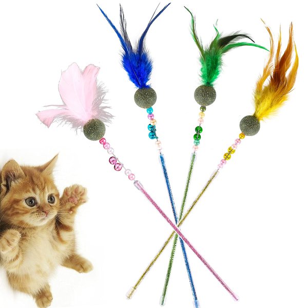 Bisogoon Telescopic Feather cat Toys Combination Interactive Cat Teaser Wand Cat Feather Toys with Loud Bell Long for Cat and Kitten (A-4Pcs)