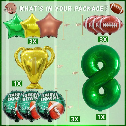 14Pcs Football Balloons, Football Birthday Party Decorations Sports Theme Birthday Party Decoration Include 40Inch Green Number Balloon for 8th Football Birthday Party Supplies