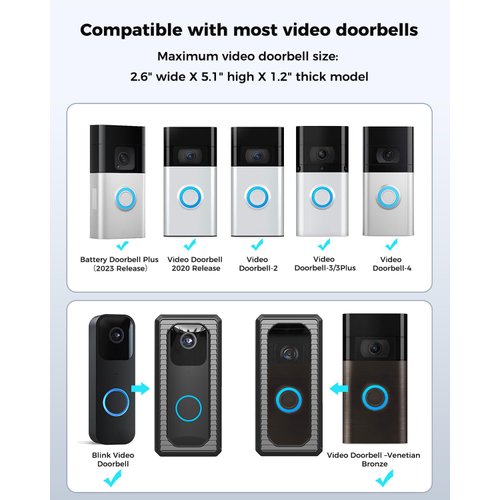 Anti-Theft Video Doorbell Mount Protective Shell， No-Drill Doorbell Door Mount Compatible with Video Doorbell(2020 Release) 4/3/3 Plus/2/1 an Blink Video Doorbell Adhesive Door Mount Kit (Black)