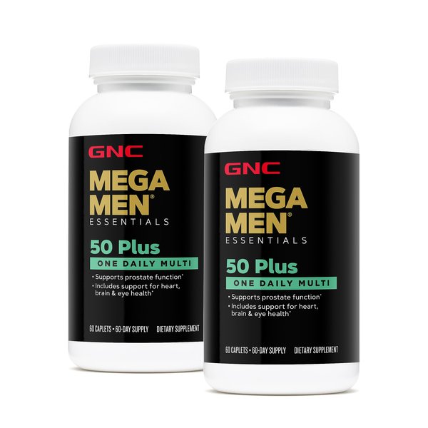 GNC Mega Men 50 Plus One Daily Multivitamin, Twin Pack, 60 Caplets per Bottle, Supports Heart, Brain and Eye Health