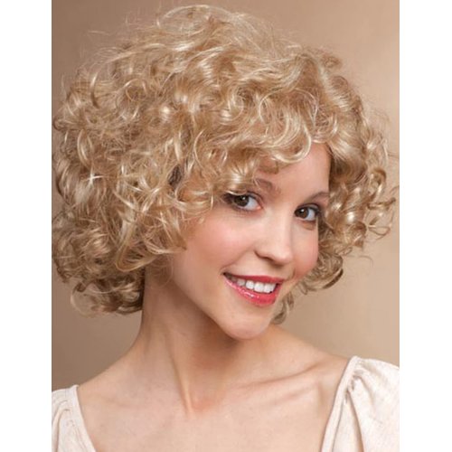 TISHINING Short Blonde Curly Wigs for White Women with Bangs Full Bouncy Curly Mixed Blonde Synthetic Short Hair Wigs for Women Natural Looking Heat Hair Replacemnet Wig