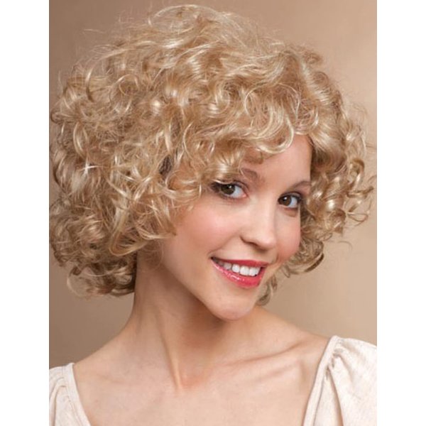 TISHINING Short Blonde Curly Wigs for White Women with Bangs Full Bouncy Curly Mixed Blonde Synthetic Short Hair Wigs for Women Natural Looking Heat Hair Replacemnet Wig