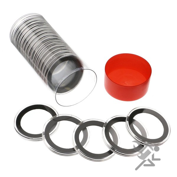 Red Capsule Tube & 20 Air-Tite 37mm Black Ring Coin Holder Capsules for 1oz Silver and Gold Philharmonic by OnFireGuy
