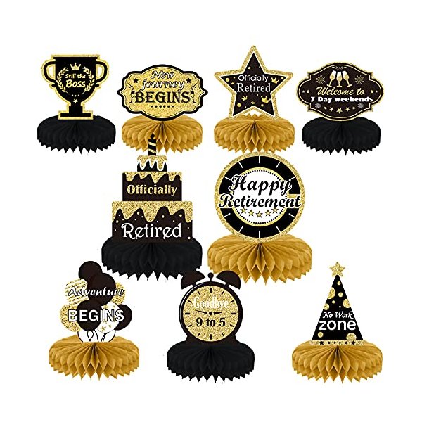 9PCS Retirement Party Decorations Gold Retirement Party Centerpiece Honeycomb Glitter Table Toppers for Happy Retirement Party Supplies Man and Women
