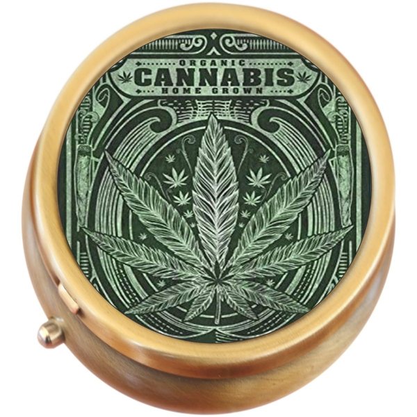 Organic Cannabis Design Brass Round Pill Box