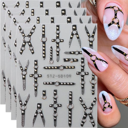 4Sheets 5D Embossed Belt Nail Design Nail Stickers For Nail Art,Punk Nail Decor Belt Nail Art Stickers Y2K Relief Belt Nail Decals Cool Nail Sticker Nail Decorations Nail Art Supplies Nail Accessories