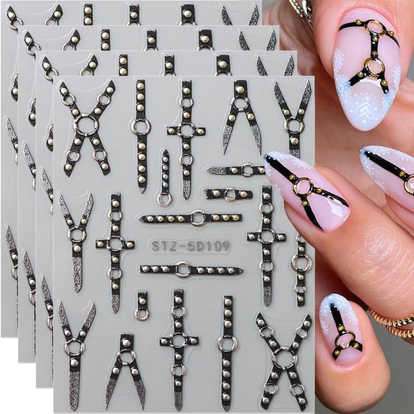 4Sheets 5D Embossed Belt Nail Design Nail Stickers For Nail Art,Punk Nail Decor Belt Nail Art Stickers Y2K Relief Belt Nail Decals Cool Nail Sticker Nail Decorations Nail Art Supplies Nail Accessories