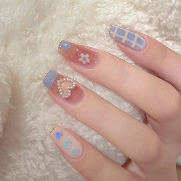BABALAL Coffin Press on Nails Cute Acrylic Nails Long Ballerina Fake Nails Glossy Blue Pink Glue on Nails 3D Heart Charm Design for Women and Girls