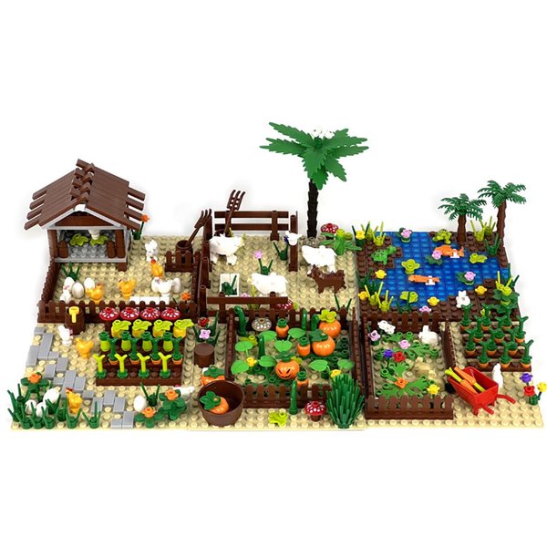 Sufeasdf Barn and Farm Building Block Set A, Chicken Coop, Garden, Crops, Compatible with Lego 853792 Accessory for Ages 6-12