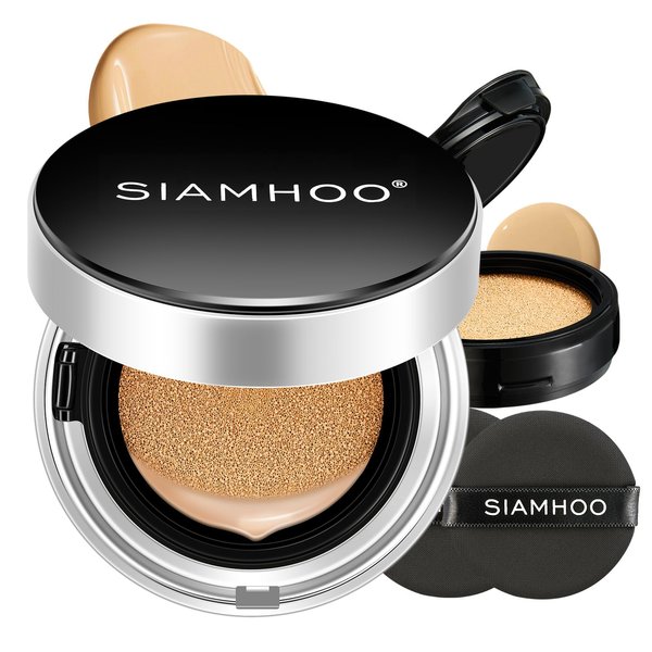 SIAMHOO Air Cushion CC Cream Foundation Makeup Primer Sunscreen SPF50+ Full Coverage Lightweight Long-lasting Oil Control for All Skin Types, Refill Included, 0.53 Oz x 2 (Natural)