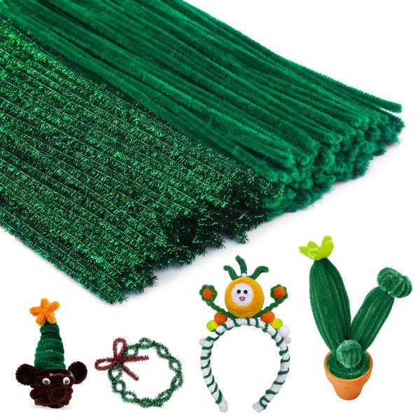 200 PCS Green Pipe Cleaners Chenille Stem Set,100 Pieces Dark Green+100 Pieces Glitter Green Craft Pipe Cleaners, DIY Craft,Pipe Cleaners Bulk for Arts and Crafts, Xmas Home Decoration