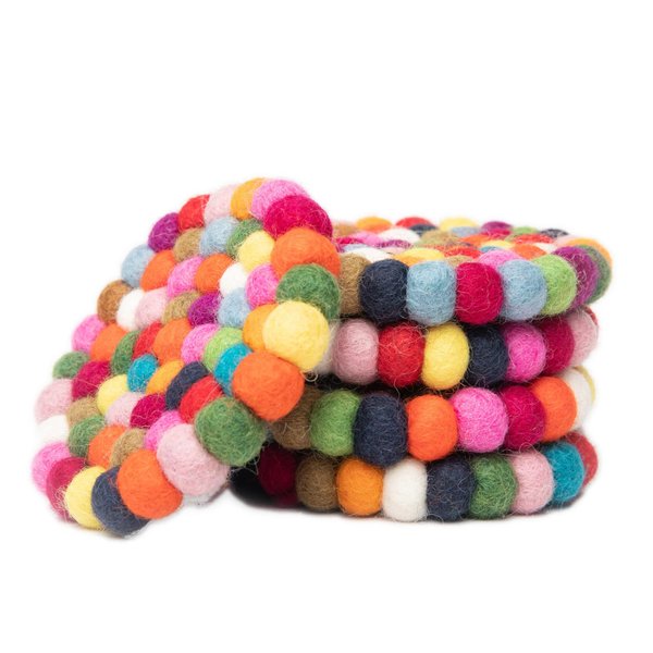 Round Felt Ball Coasters - 100% Merino Wool Table Coasters - Felt Coaster Pads, Absorbent Trivet for Drinks - Heat Resistant, Thick & Durable Hand Felted in Nepal by Woolygon- Multicolor - Set of 5