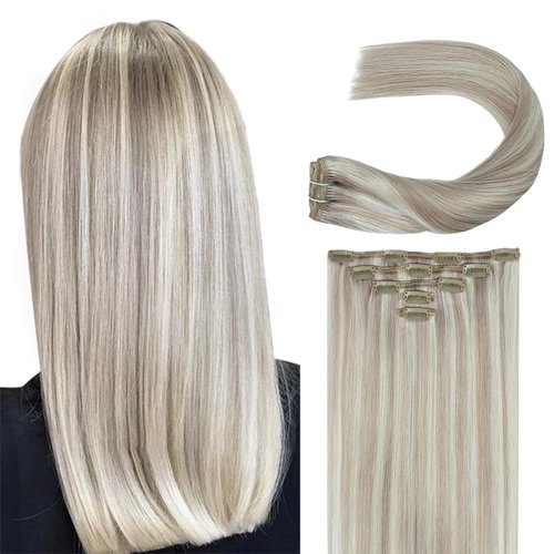 Clip in Hair Extensions Real Human Hair Straight 20 Inch Long Ash Blonde Highlighted Platinum Blonde Remy Clip on Hair Extensions Natural Brazilian Clip ins Human Hair for Women Double Weft 60G 5 PCS