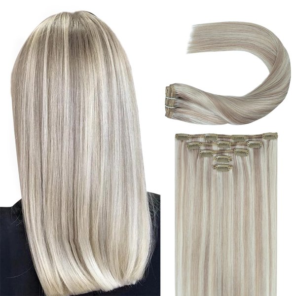 Clip in Hair Extensions Real Human Hair Straight 20 Inch Long Ash Blonde Highlighted Platinum Blonde Remy Clip on Hair Extensions Natural Brazilian Clip ins Human Hair for Women Double Weft 60G 5 PCS