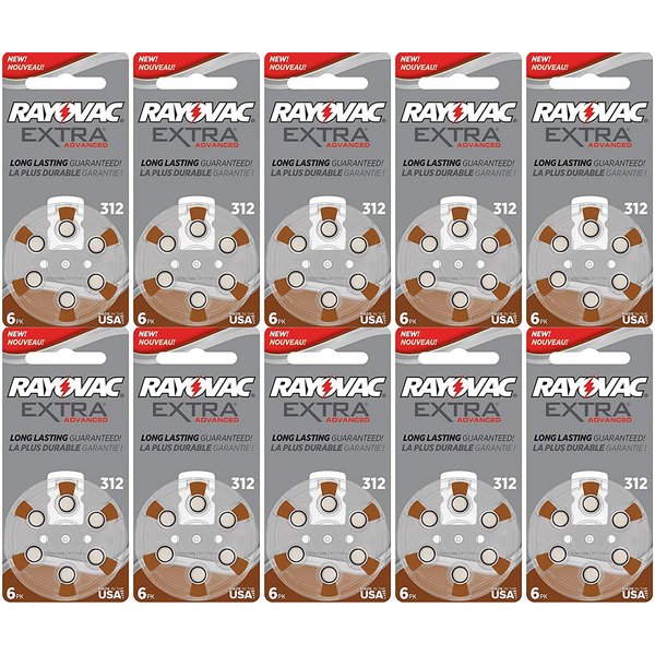 60 x Size 312 Rayovac Extra Advanced Hearing Aid Batteries
