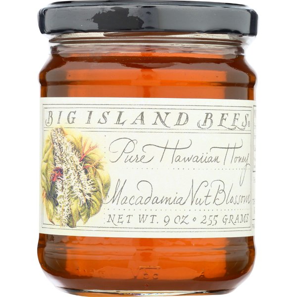 Unheated, Pure, Raw Macadamia Nut Blossom Hawaiian Honey, Single Floral Variety by Big Island Bees (9 oz Glass Jar)