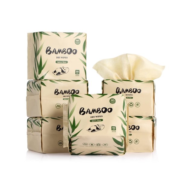 LEKOCH 300 Sheets Organic Bamboo Disposable Makeup Remover Dry Wipes For Sensitive Skin, Ultra Soft for Baby Care, Facial Cleansing, and Personal Hygiene 6 Packs 50pcs/Pack