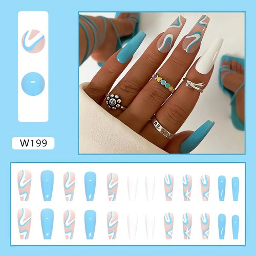 RTKHFZE Summer Acrylic Press on Nails Long Blue Fake Nails French Extra Long Acrylic Nails with Blue Swirl Designs Glossy Artificial Nails for Women and Girls 24PCS